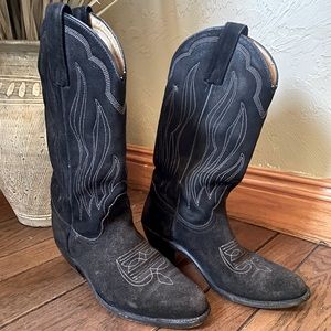 Black suede Frye cowboy boots